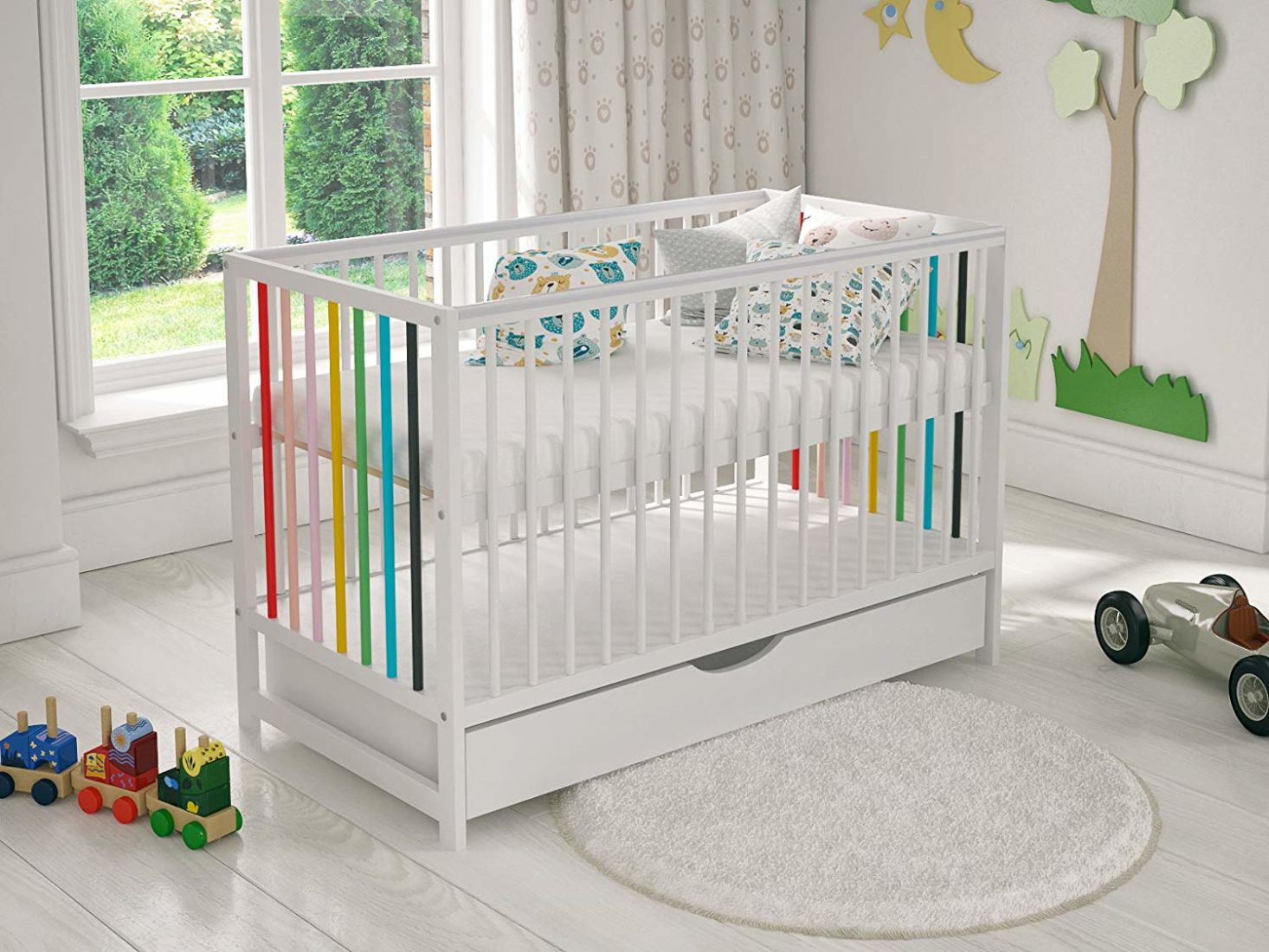 white wooden cot bed with mattress
